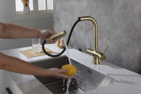 Bateria trójdrożna Apala mosiądz antyczny Blue Water