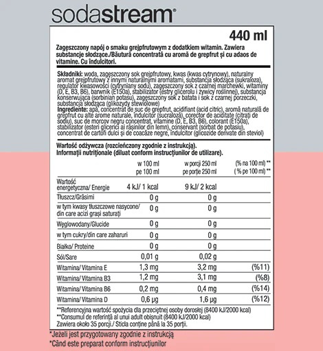 Koncentrat SodaStream 440ml - Różowy grejpfrut bez cukru Koncentrat SodaStream 440ml - Różowy grejpfrut bez cukru